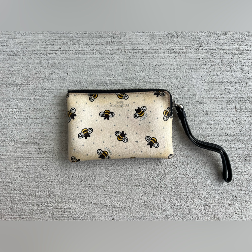 Coach Bee Print Wristlet Pouch in Cream and Black